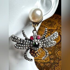 Insect BubbleBee Earrings Bling Crystal & Faux Pearl Insects Statement 3385 G